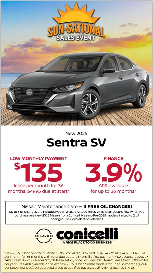 $135/mo. leases a New 2025 Sentra SV at Conicelli Nissan! Claim this Special....