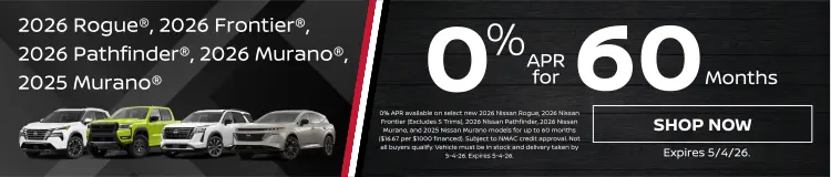 Conicelli Nissan in Conshohocken PA banner featuring 2026 and 2025 Nissan models with 0% APR financing available through May 4th 2026.