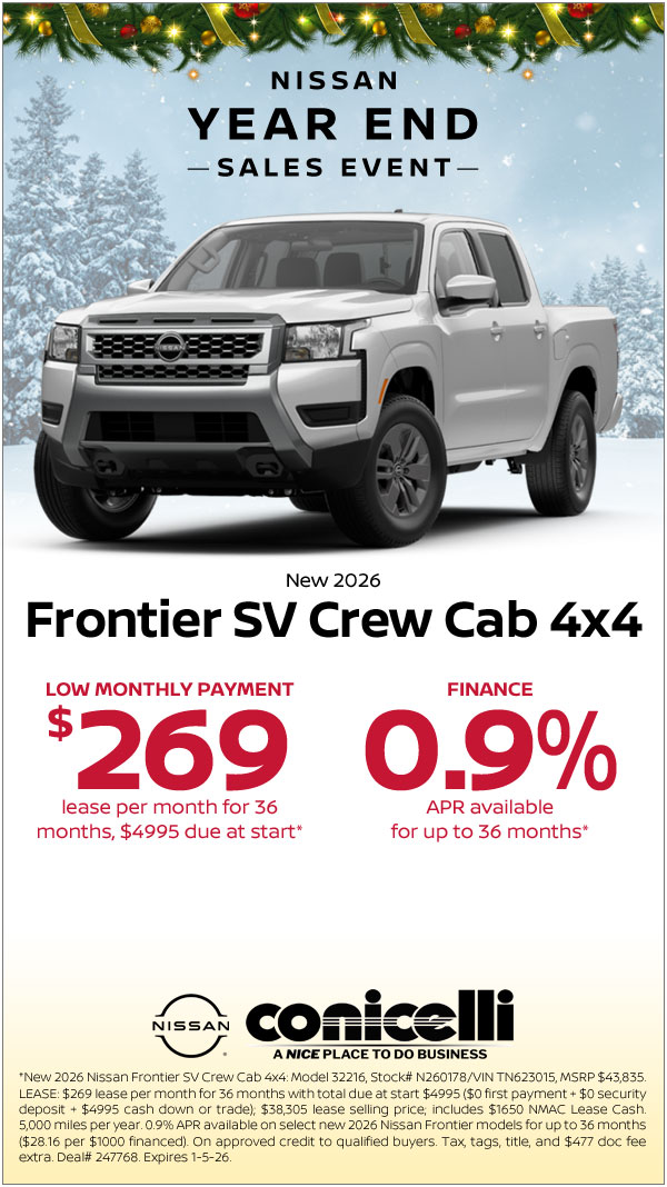 $269/mo. leases a New 2026 Frontier SV Crew Cab 4x4 at Conicelli Nissan!