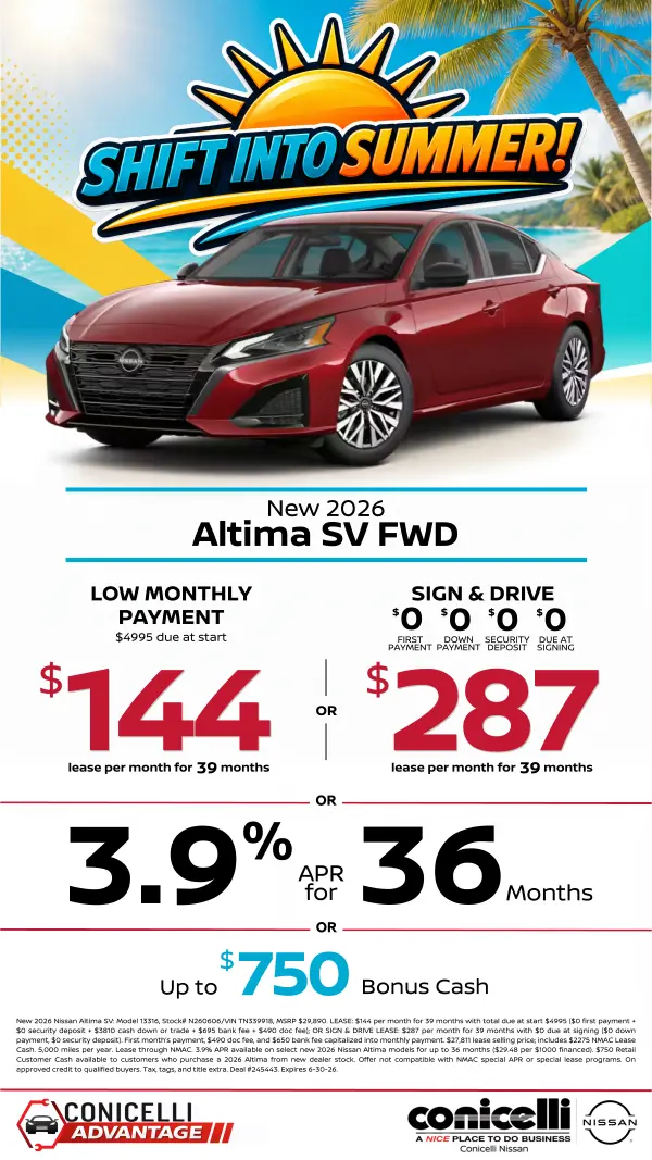 $144/mo. (OR $287/mo. with $0 due at signing) leases a New 2026 Altima SV at Conicelli Nissan! Claim this Special...