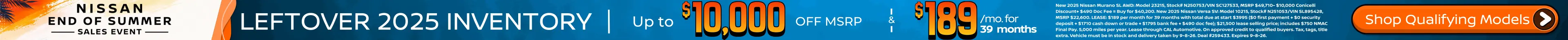 Conicelli Nissan sales banner featuring Up to $10,000 OFF MSRP and leases starting at $189/mo. on remaining new 2025 Nissan models.