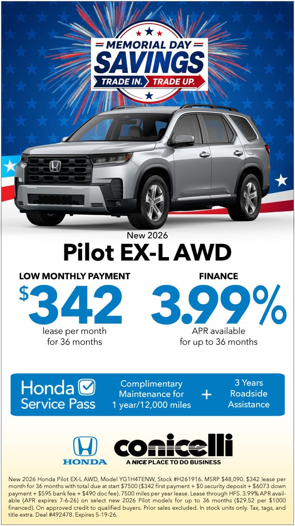 $342/mo. leases a New 2026 Pilot EX-L AWD! Claim this Special...