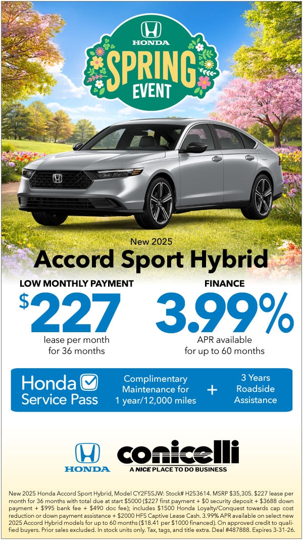 $227/mo. leases a New 2025 Accord Sport Hybrid at Conicelli Honda! Claim this Special...