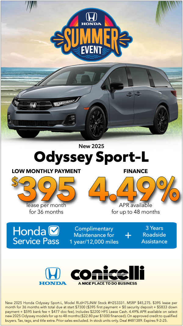 $395/mo. leases a New 2025 Odyssey Sport-L! Claim this Special...