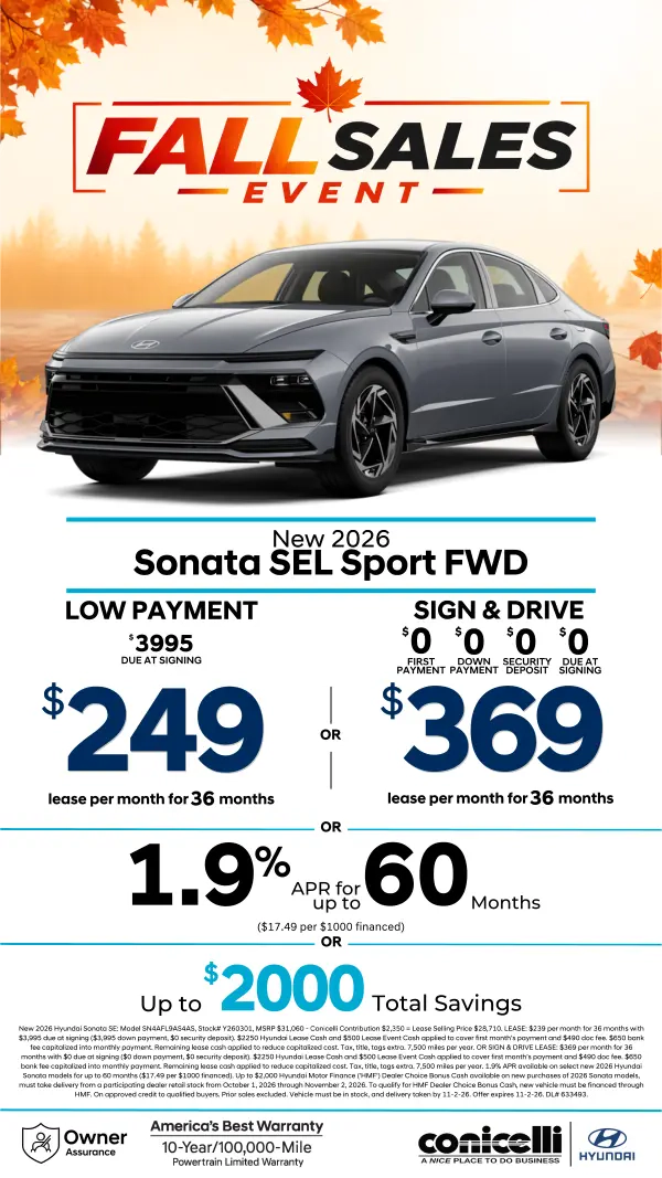 $249/mo. leases a New 2026 Hyundai Sonata SEL Sport! View Specials...