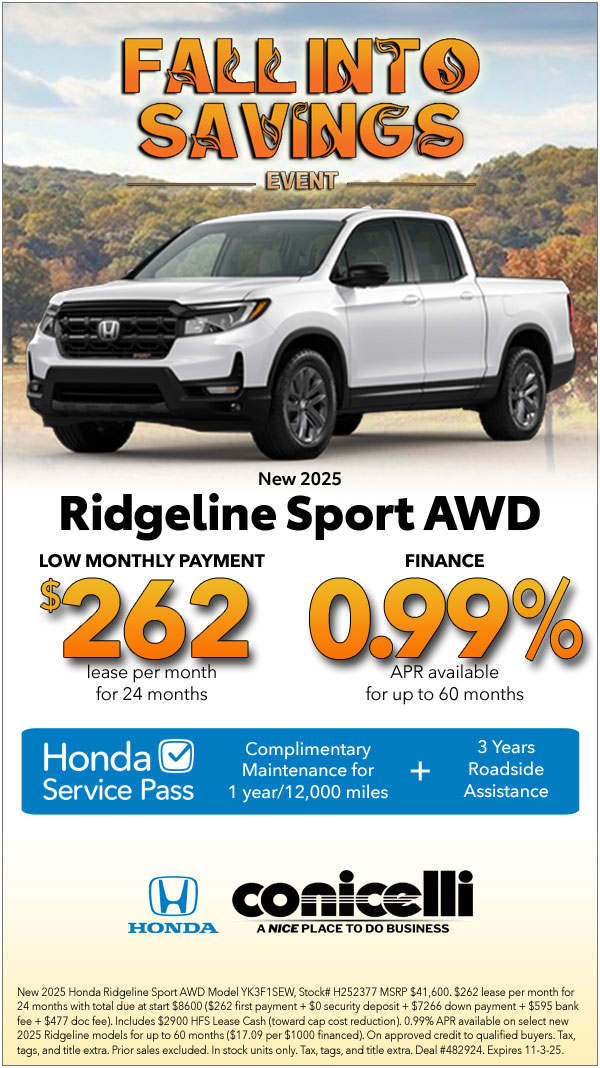 $262/mo. leases a New 2025 Ridgeline Sport AWD! Claim this Special...