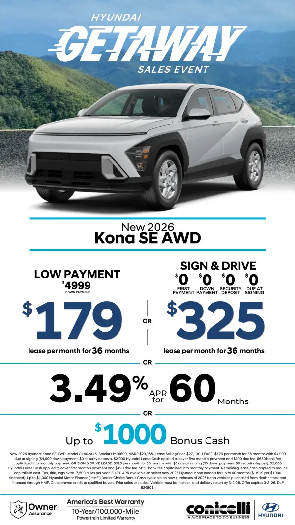 Lease a new 2026 Kona SE AWD for just $179/mo or Sign & Drive for just $325/mo. Claim this Special...