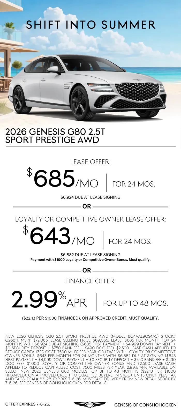 $685/mo. leases a New 2026 Genesis G80 at Genesis of Conshohocken. View All Specials...