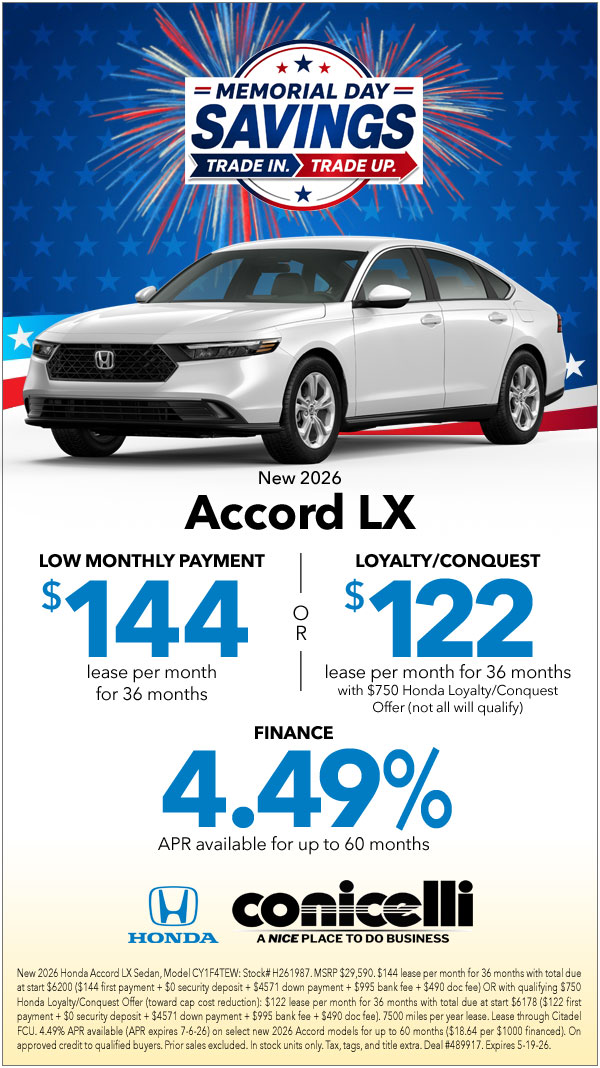 $144/mo. leases a New 2026 Accord LX at Conicelli Honda! Claim this Special...