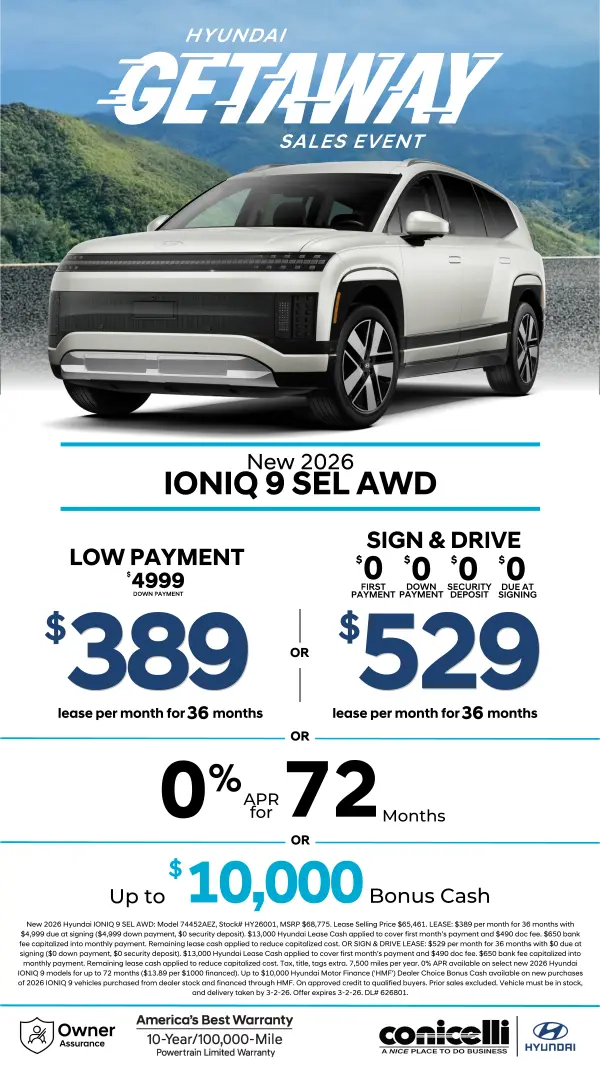 Lease a new 2026 IONIQ 9 SEL AWD for just $389/mo or Sign & Drive for just $529/mo. Claim this Special...