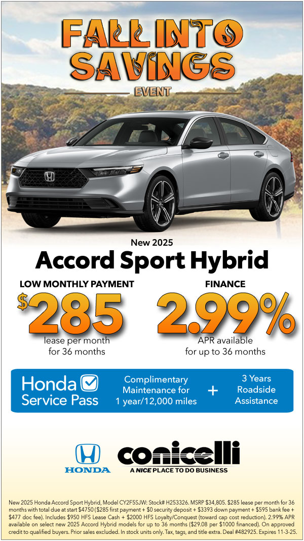 $285/mo. leases a New 2025 Accord Sport Hybrid at Conicelli Honda! Claim this Special...