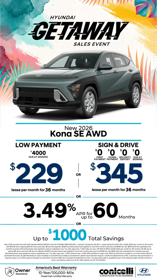 $229/mo. leases a New 2026 Hyundai Kona SE AWD! View Specials...