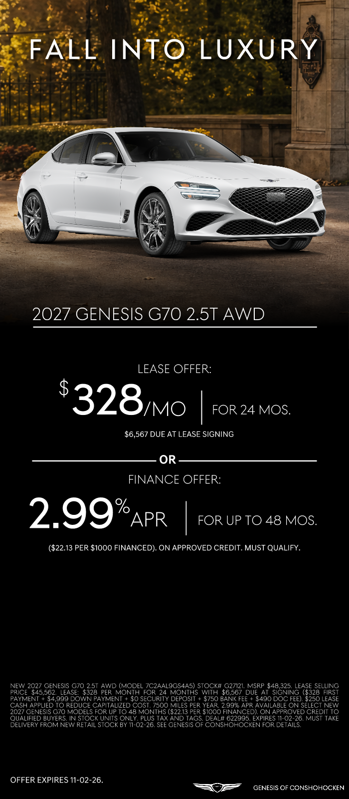 $328/mo. leases a New 2027 Genesis G70! View Specials...