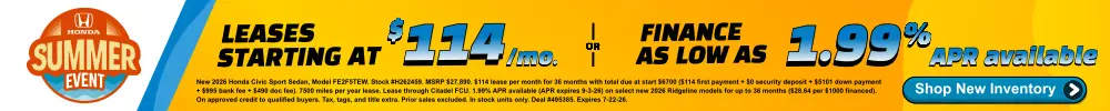 Conicelli Honda sales banner featuring leases starting at $114 per month and/or finance rates as low as 1.99% APR available!
