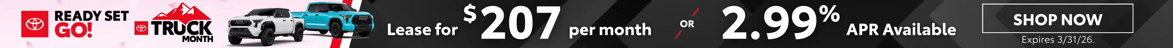 Conicelli Toyota Truck Month Ready Set Go sales banner featuring Toyota trucks with lease offer of $207 per month or 2.99% APR financing, valid through March 31 2026.
