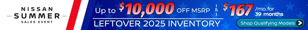 Conicelli Nissan sales banner featuring Up to $10,000 OFF MSRP and leases starting at $167/mo. on remaining new 2025 Nissan models.