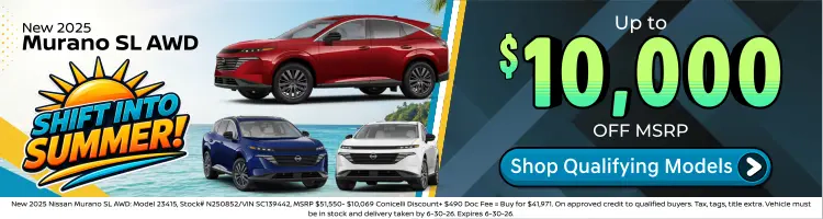Conicelli Nissan sales banner featuring Up to $10,000 OFF MSRP of new 2025 Nissan Murano SL models.