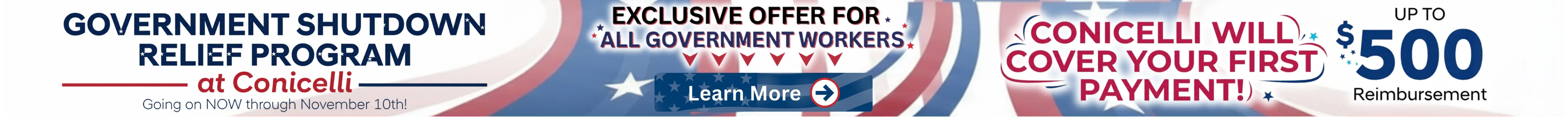 Conicelli Autoplex offers to cover the first payment for government employees – Learn more at Conicelli.com