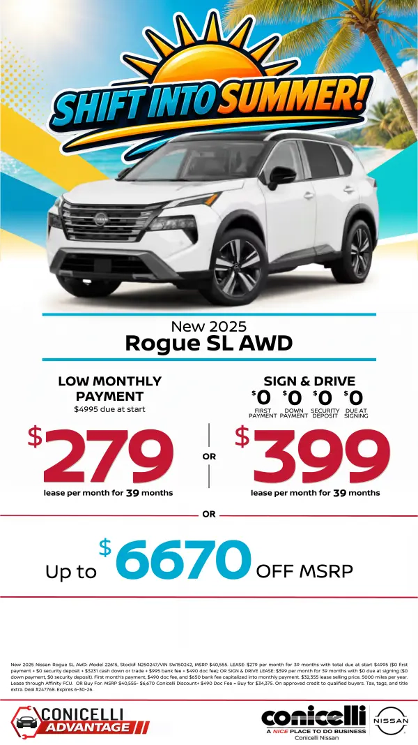 $279/mo. (OR $399/mo. with $0 due at signing) leases a New 2025 Rogue SL AWD at Conicelli Nissan! Claim this Special....