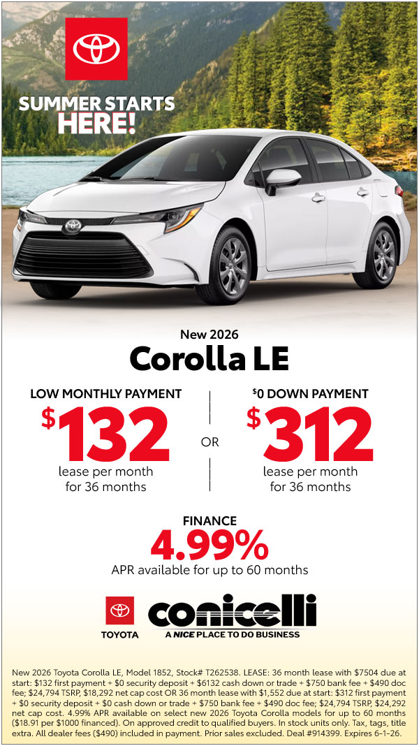 $132/mo. leases a New 2026 Corolla LE! Claim this Special...