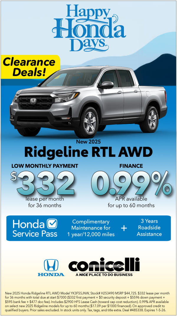 $332/mo. leases a New 2025 Ridgeline RTL AWD! Claim this Special...