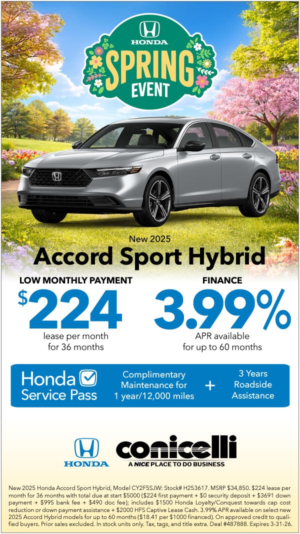 $224/mo. leases a New 2025 Accord Sport Hybrid at Conicelli Honda! Claim this Special...