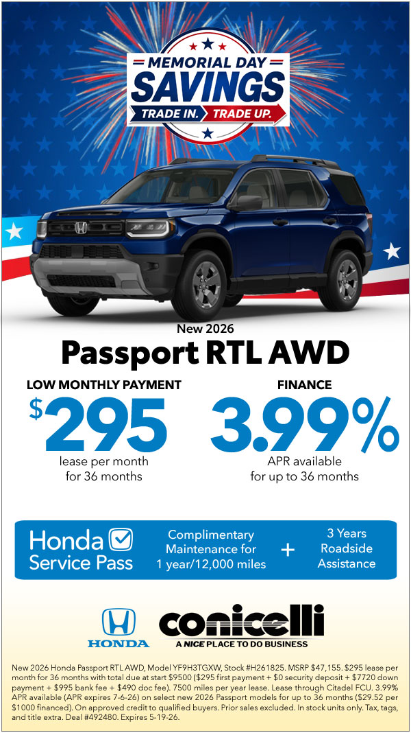 $295/mo. leases a New 2026 Passport RTL AWD! Claim this Special...