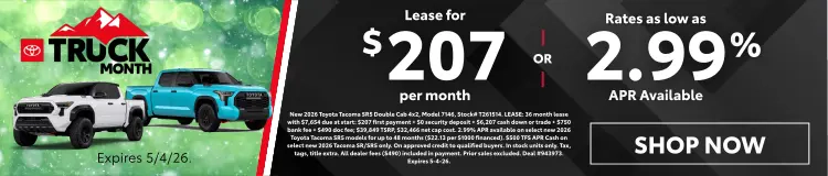 Conicelli Toyota Truck Month sales banner featuring Toyota trucks with lease offer of $207 per month or 2.99% APR financing, valid through May 4 2026.