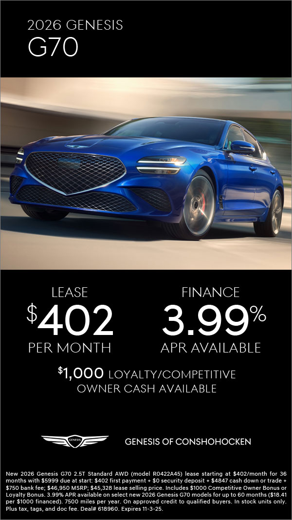 $402/mo. leases a New 2026 Genesis G70! View Specials...