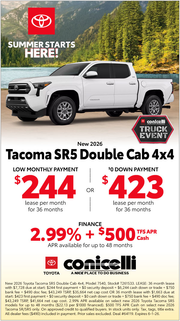 $244/mo. leases a New 2026 Tacoma SR5 Double Cab 4x4! Claim this Special...