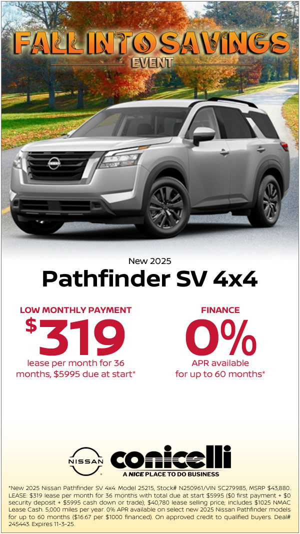 $319/mo. leases a New 2025 Pathfinder SV 4x4! Claim This Special...
