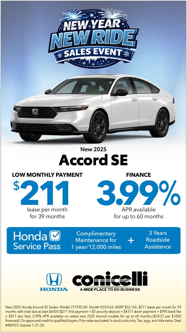 $211/mo. leases a New 2025 Accord SE at Conicelli Honda! Claim this Special...