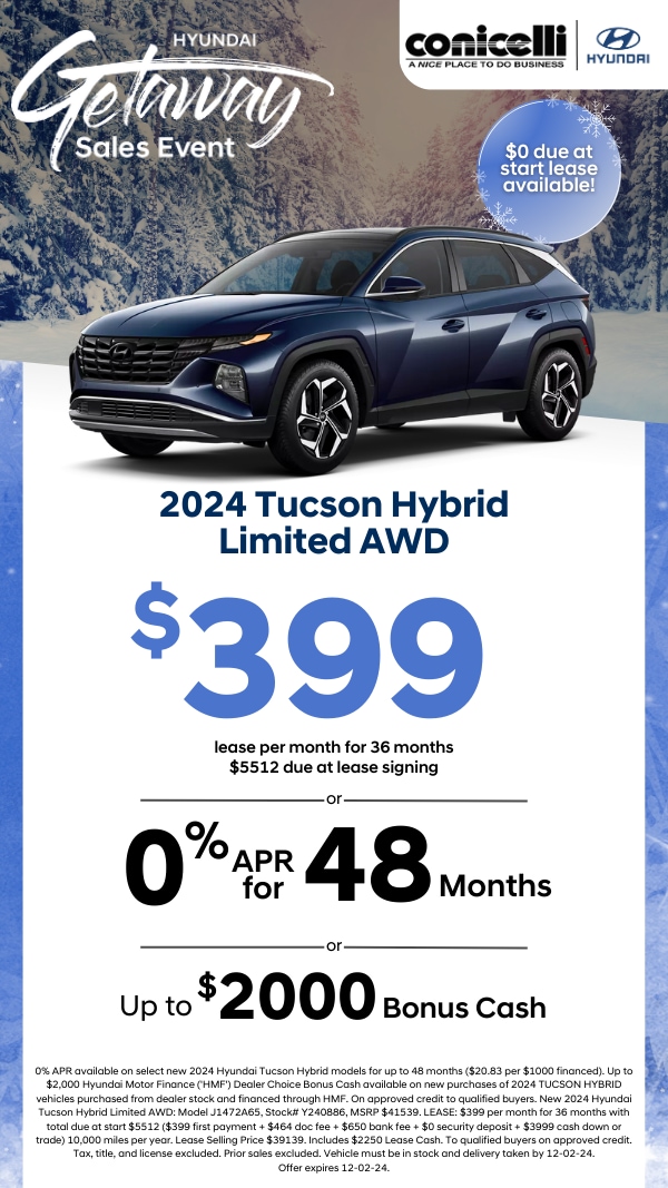 Lease a new 2024 Tucson Hybrid Limited AWD for only $399 per month! Claim this Special...