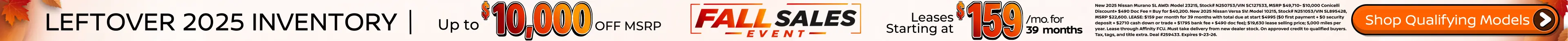 Conicelli Nissan sales banner featuring Up to $10,000 OFF MSRP and leases starting at $159/mo. on remaining new 2025 Nissan models.
