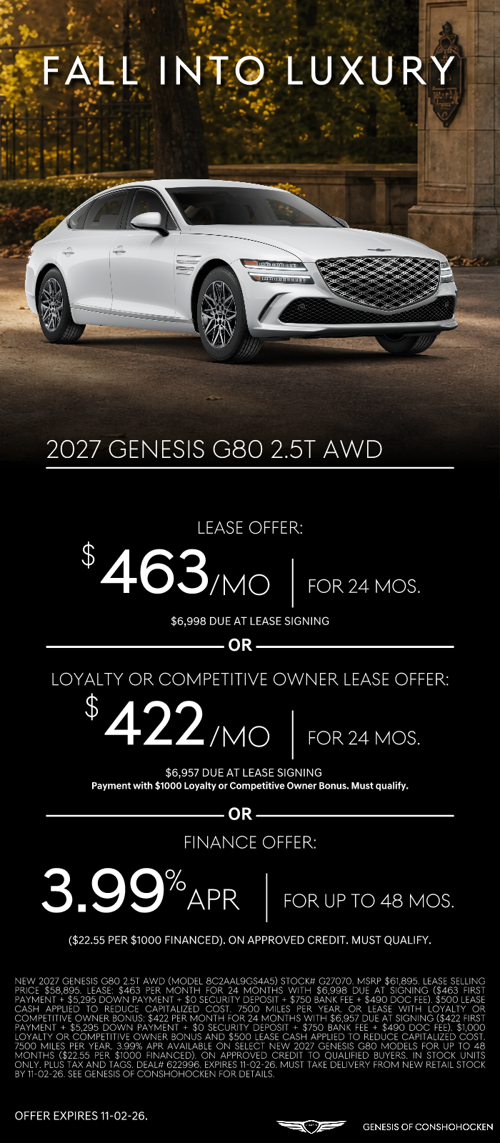 $463/mo. leases a New 2027 Genesis G80 2.5T! View Specials...
