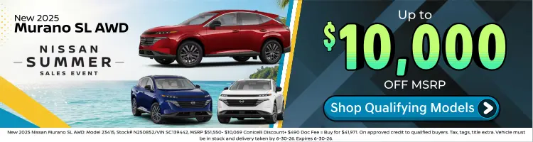 Conicelli Nissan sales banner featuring Up to $10,000 OFF MSRP of new 2025 Nissan Murano SL models.