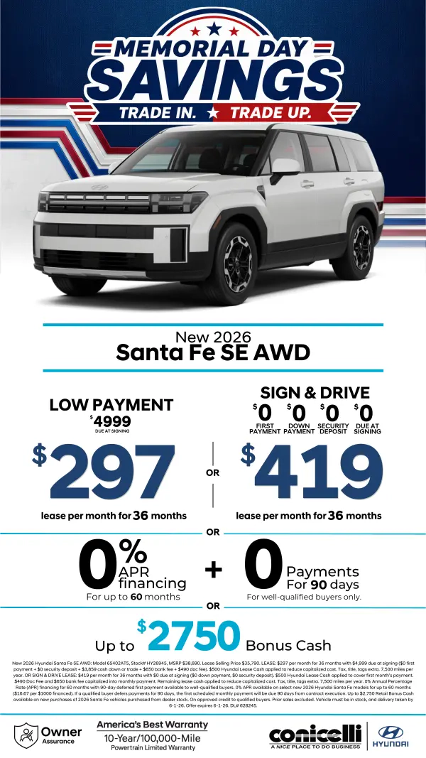 Lease a new 2026 Santa Fe SE AWD for just $297/mo or leaes for just $419/mo. Claim this Special...