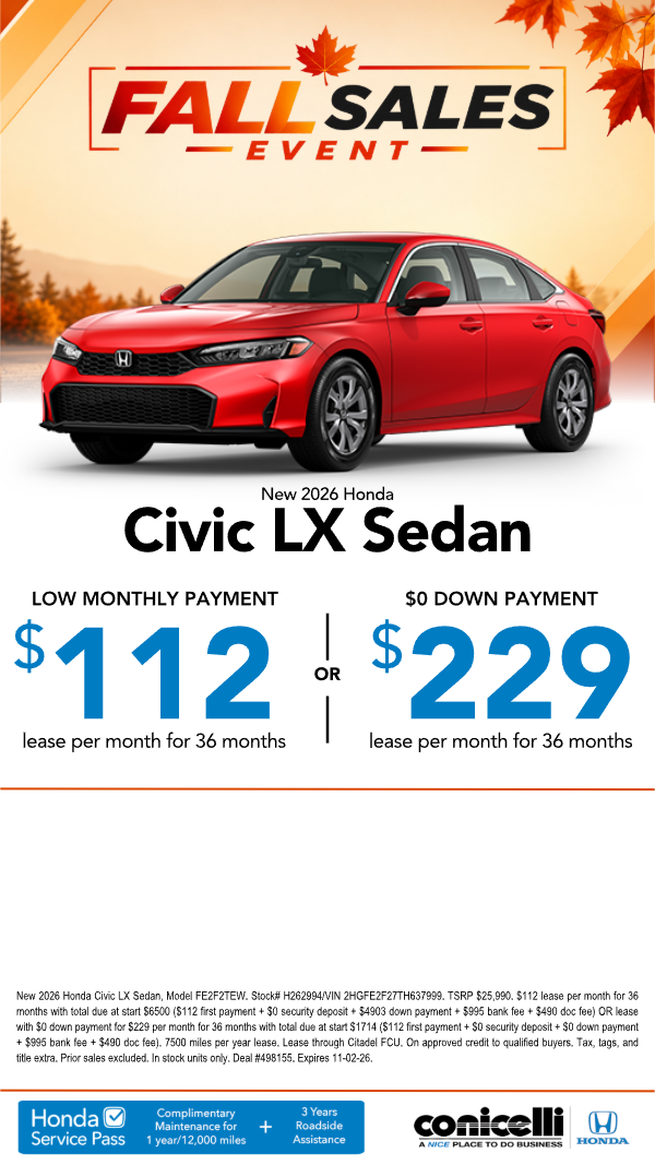 $112/mo. leases a New 2026 Civic Sport Sedan! or $229/mo. with $0 down. Claim this Special...