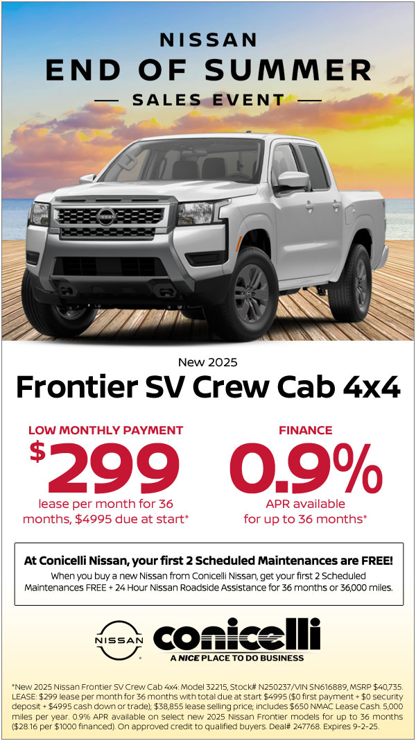 $299/mo. leases a New 2025 Frontier SV Crew Cab 4x4 at Conicelli Nissan!