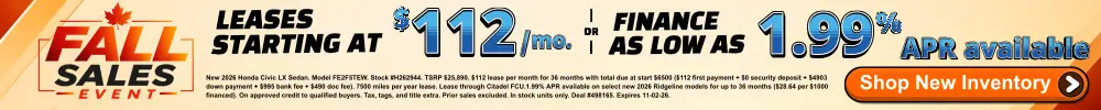 Leases starting at $112 per month and rates as low as 1.99% available at Conicelli Honda during the Fall Sales Event. Shop Now.