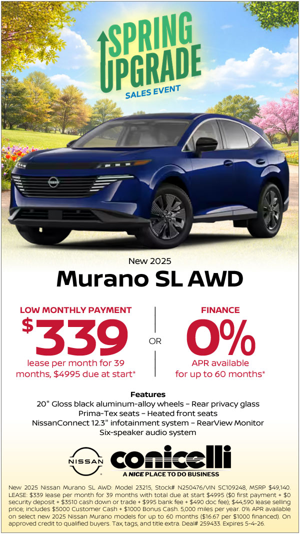 $339/mo. leases a New 2025 Murano SL AWD at Conicelli Nissan!