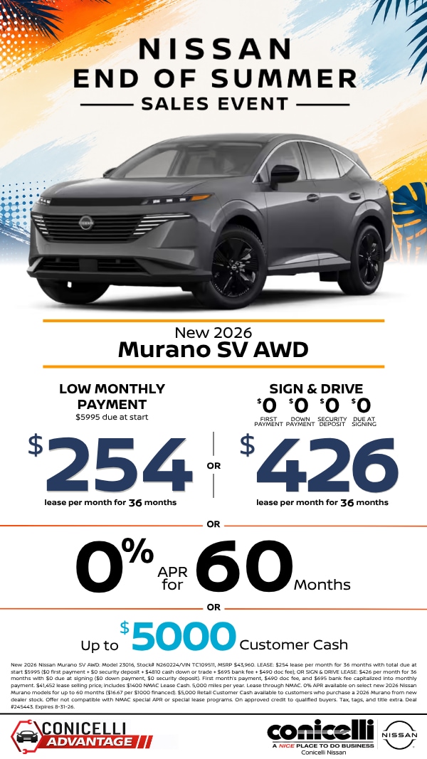 $254/mo. (OR $426/mo. with $0 due at signing) leases a New 2026 Nissan Murano SV AWD! Claim this Special...