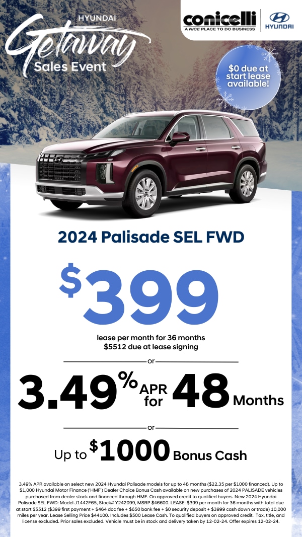 Lease a new 2024 Palisade SEL FWD for only $399 per month! Claim this Special...