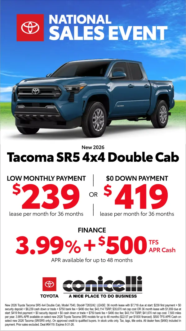 $239/mo. leases a New 2026 Tacoma SR5 Double Cab 4x4! Claim this Special...