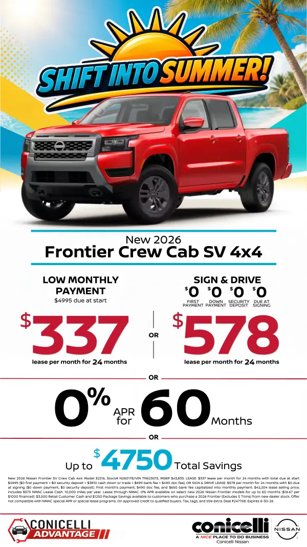 $337/mo. (OR $578/mo. with $0 due at signing) leases a New 2026 Frontier SV Crew Cab 4x4 at Conicelli Nissan!