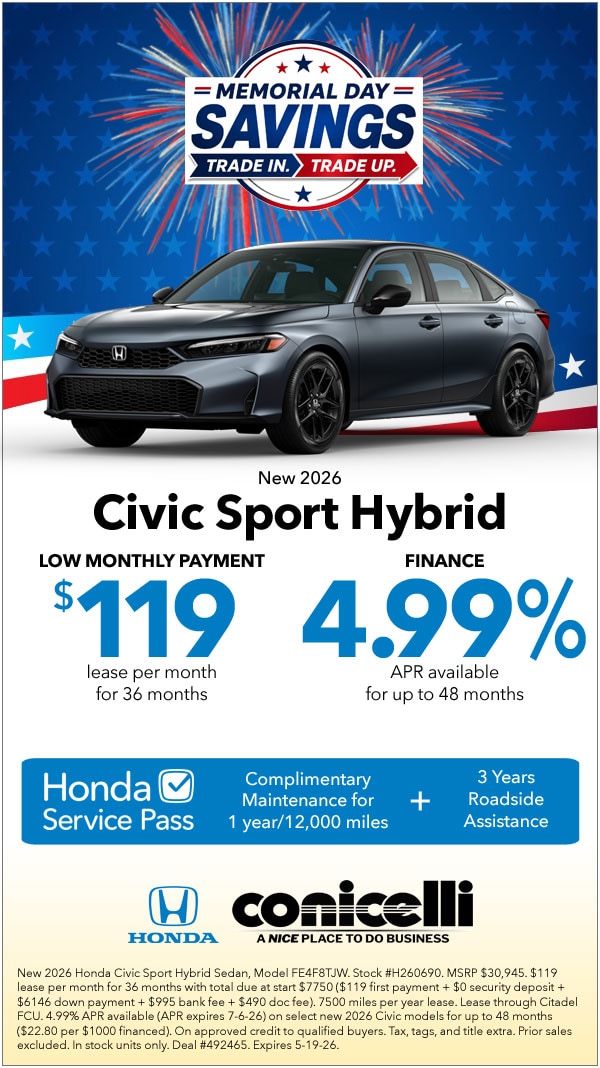 $119/mo. leases a New 2026 Civic Sport Hybrid Sedan at Conicelli Honda! Claim this Special...