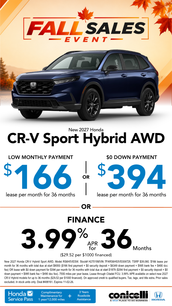 $166/mo. leases a New 2026 CR-V Sport Hybrid AWD! or $394/mo. with $0 down. Claim this Special...