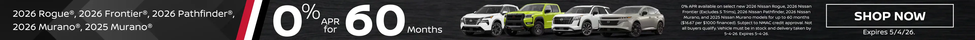 Conicelli Nissan in Conshohocken PA banner featuring 2026 and 2025 Nissan models with 0% APR financing available through May 4th 2026.