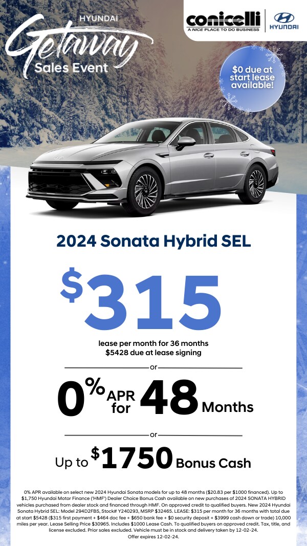 Lease a new 2024 Sonata Hybrid SEL for only $315 per month! Claim this Special...