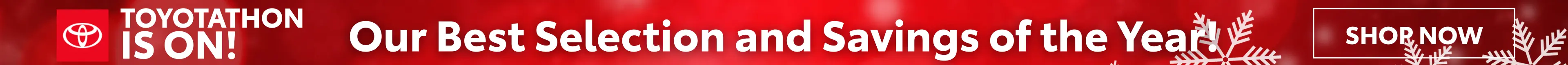 Graphic advertising that Toyotathon is ON at Conicelli Toyota in Conshohocken, featuring a bold headline about the best selection and savings of the year with a call to action to shop now.